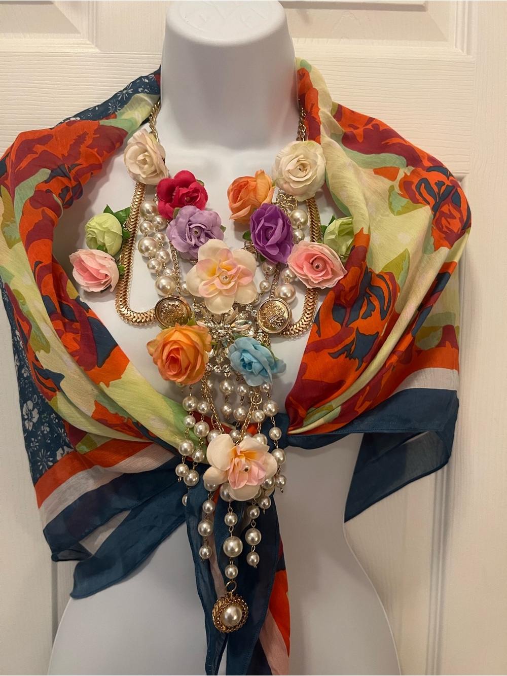 Aratta Rosaline Multi-Color Floral Statement Necklace with Pearl & Gold Chains - Picture 9 of 9